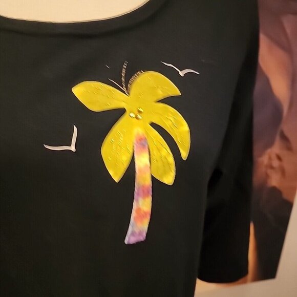 Vintage KARLA MARIE BLACK Casual Tshirt Dress PM Petite Medium Palm Tree - Picture 3 of 8